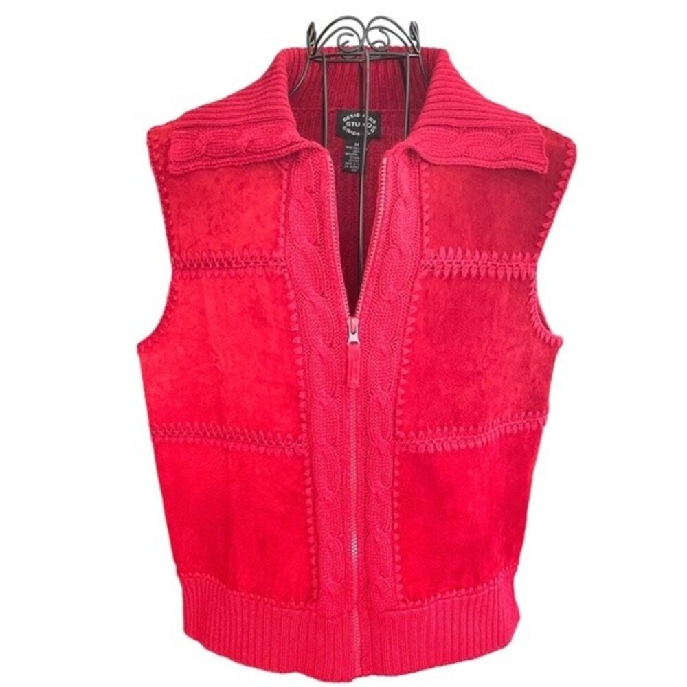 Designer Studio Originals vintage zip up candy red leather and knit vest Size M